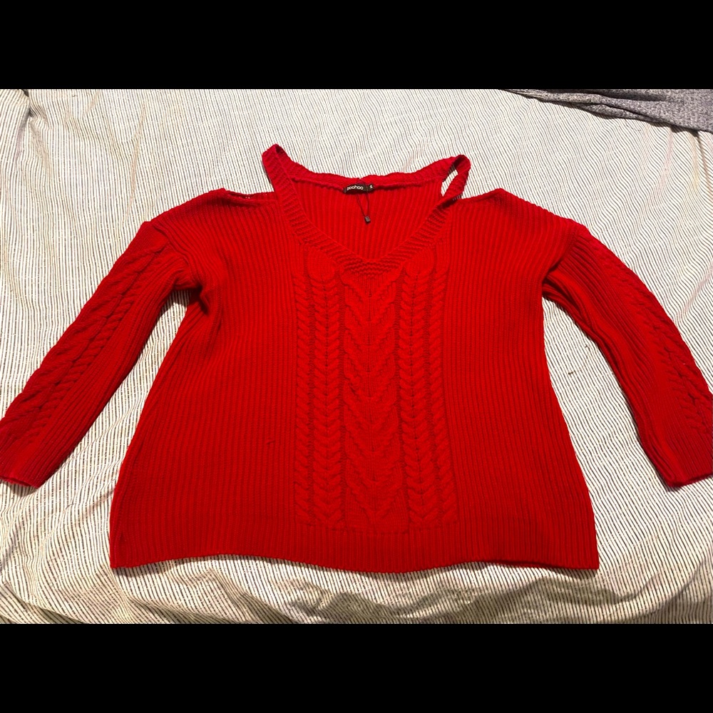 Red Cutout Shoulder Sweater